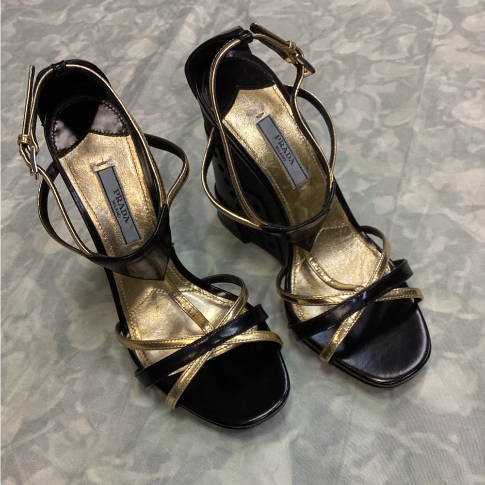 Prada Metallic Gold and Black Cross-Strap Sandals